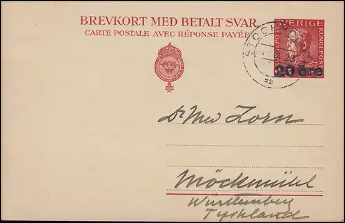 Postkarte P 48F König Gustav Aufdruck 20 auf 25 Öre Frageteil, STOCKHOLM 1.3.23 