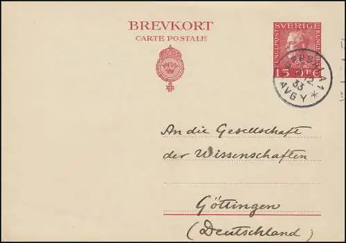 Postkarte P 50 König Gustav 15 Öre, UPPSALA 2.12.1933 nach Göttingen