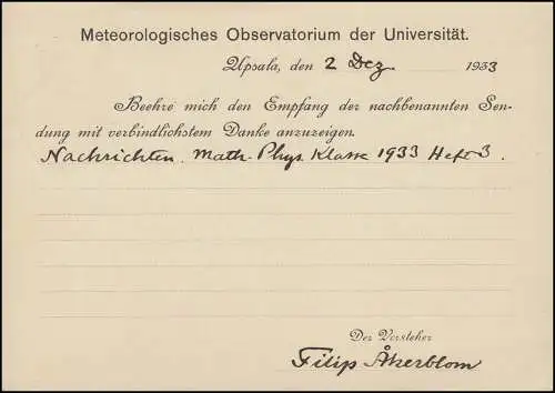 Carte postale P 50 Roi Gustav 15 Öre, UPPSALA 2.12.1933 vers Göttingen