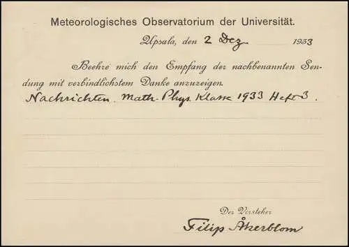 Postkarte P 50 König Gustav 15 Öre, UPPSALA 2.12.1933 nach Göttingen