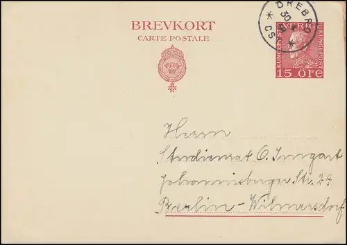 Postkarte P 50 König Gustav 15 Öre, ÖREBO 30.4.1938 nach Berlin/Deuschland