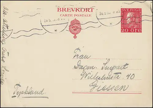 Postkarte P 51 König Gustav 20 Öre, 30.9.1939 nach Giessen/Deuschland
