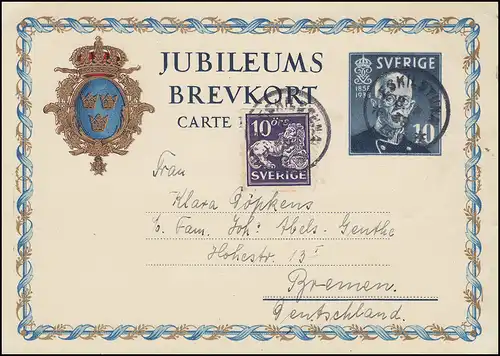 Carte postale P 59 Anniversaire 10 Öre avec supplément, ESKILSTUNA 8.9.1938 à Brême