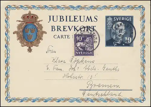 Postkarte P 59 Geburtstag 10 Öre mit Zusatzfr., ESKILSTUNA 8.9.1938 nach Bremen