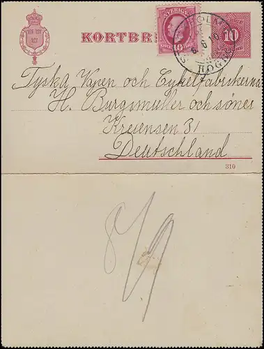 Kartenbrief K 8 Ziffer mit DV 310 und Zusatzfr., STOCKHOLM HÖGBG 6.6.1910