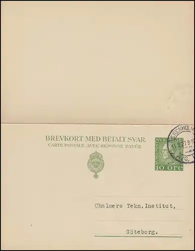 Postkarte P 43 Brevkort König Gustav 10/10 Öre, STOCKHOLM 11.8.1927