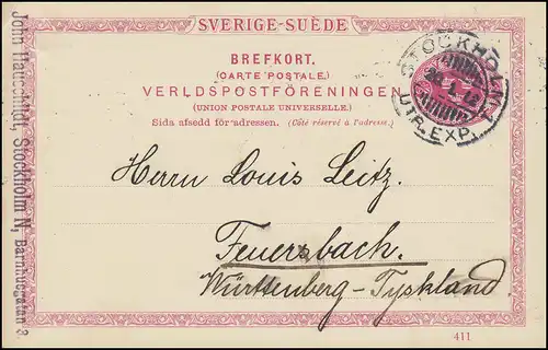 Postkarte P 25 SVERIGE-SUEDE mit DV 411, STOCKHOLM 20.1.12 nach Feuerbach/Württ