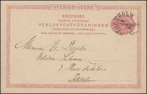 Postkarte P 20 SVERIGE-SUEDE 10 Öre, STOCKHOLM 19.6.1890 nach Paris