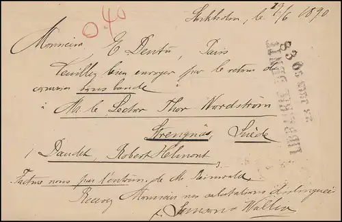 Carte postale P 20 SVERIGE-SUEDE 10 Öre, STOCKHOLM 19.6.1890 à Paris