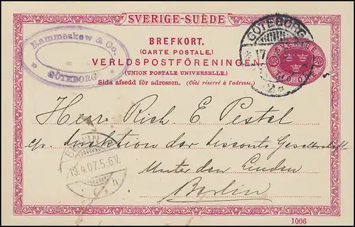 Postkarte P 25 SVERIGE-SUEDE 10 Öre DV 1006, GÖTEBORG 17.4.1907 nach BERLIN