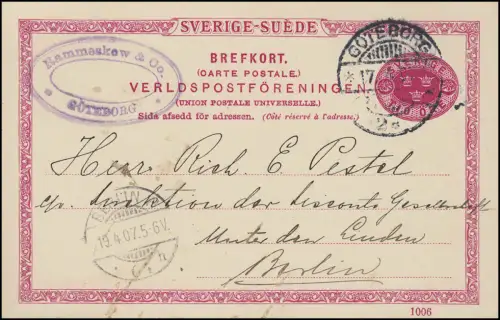 Postkarte P 25 SVERIGE-SUEDE 10 Öre DV 1006, GÖTEBORG 17.4.1907 nach BERLIN
