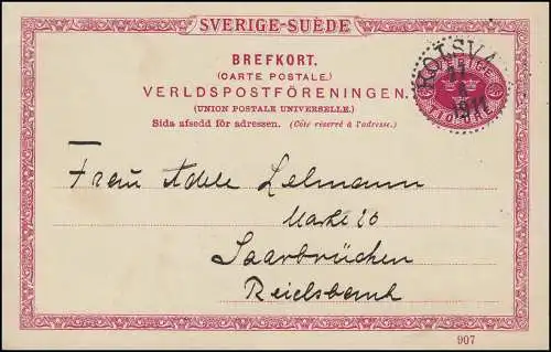 Postkarte P 25 SVERIGE-SUEDE 10 Öre mit DV 907, KOLSVA 27.6.1911 nach Saarbücken