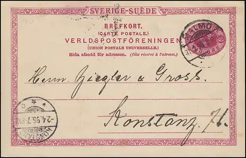 Carte postale P 20 SVERIGE-SUEDE 10 Öre, MALMÖ 31.3.1896 selon CONSTANZ 2.4.96