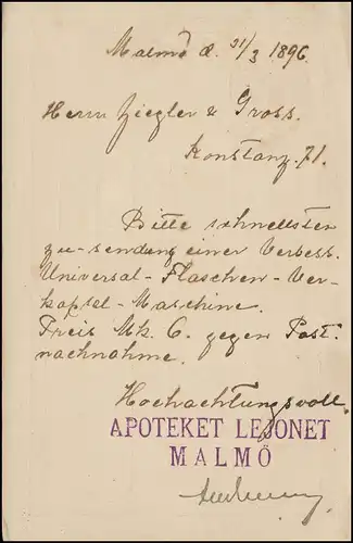 Postkarte P 20 SVERIGE-SUEDE 10 Öre, MALMÖ 31.3.1896 nach KONSTANZ 2.4.96