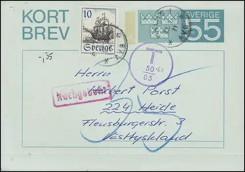 Kartenbrief K 46 Kortbrev 55 Öre mit Zusatzfr MALMÖ 23.7.71 T-Stempel/Nachgebühr