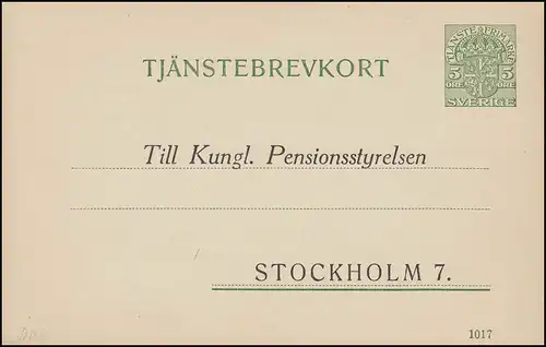 Carte postale de service DP 8 Tjänstebrevkort 5 Öre Date d'impression 1017 - avec formulaire, **