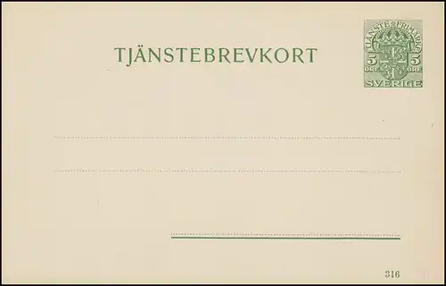 Carte postale DP 8 Tjänstebrevkort 5 Öre Date d'impression 316, ** frais de port