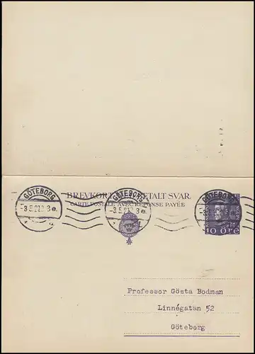 Postkarte P 52II Brevkort König Gustav 10/10 Öre, GÖTEBORG 3.5.37 Ortspostkarte