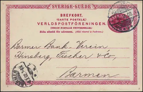 Postkarte P 20 SVERIGE-SUEDE 10 Öre, GÖTEBORG 6.3.1902 nach BARMEN 8.3.02