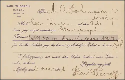 Postkarte P 24 BREFKORT 5 Öre Druckdatum 1210, MJÖLBY 4.11.1911 nach Aneby