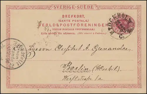 Carte postale P 20 SVERIGE-SUEDE 10 Öre, STOCKHOLM 22.12.1891 vers BERLIN 24.12.91