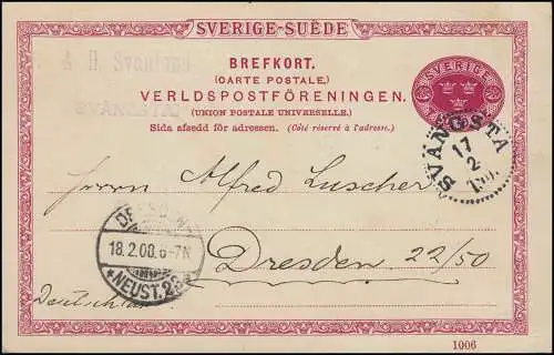 Carte postale P 25 SVERIGE-SUEDE 10 Öre avec DV 1006, SVANGSTA 17.2.1908 vers DRESDEN