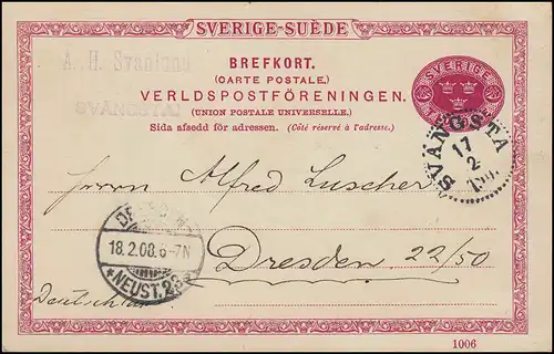 Postkarte P 25 SVERIGE-SUEDE 10 Öre mit DV 1006, SVÄNGSTA 17.2.1908 nach DRESDEN