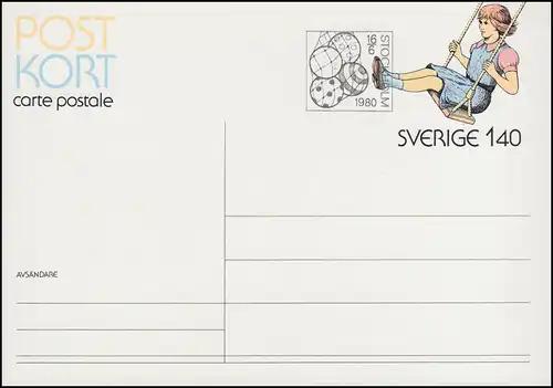 Schweden Postkarte P 104 Mädchen auf Schaukel 1980, FDC Stockholm Bälle 16.6.80