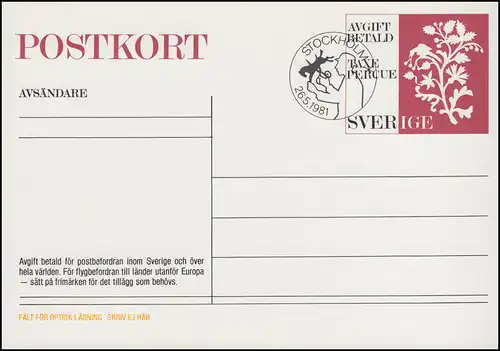 Schweden Postkarte P 105 Scherenschnitt 1981, FDC Stockhom 26.5.81