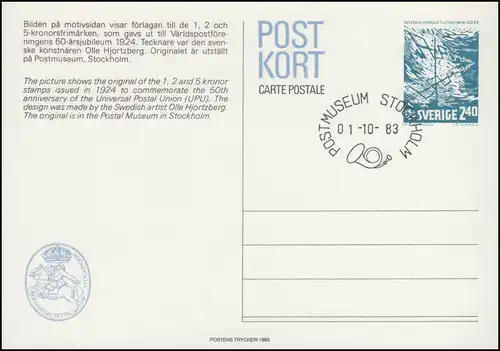Suède Carte postale P 106 UIT Union internationale des télécommunications FDC Stockholm 1.10.83