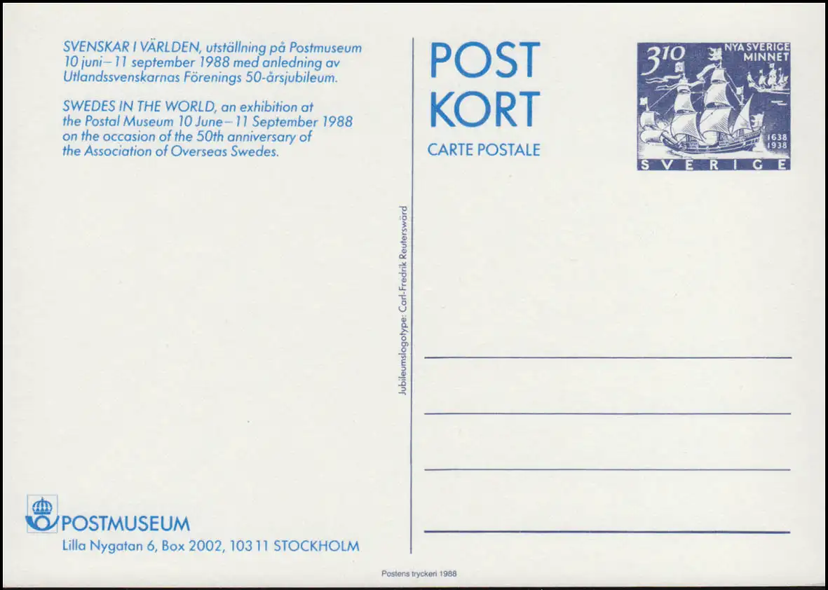 Schweden Postkarte P 109 Ausstellung Schweden in der Welt, ** postfrisch