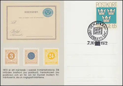 Suède Carte postale P 93 Journée du timbre 1972, FDC Stockholm FRIMÄRKETS DAG