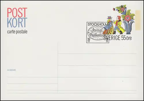 Suède Carte postale P 91 Dessin de poche 55 Öre, FDC Stockholm 10.11.1971