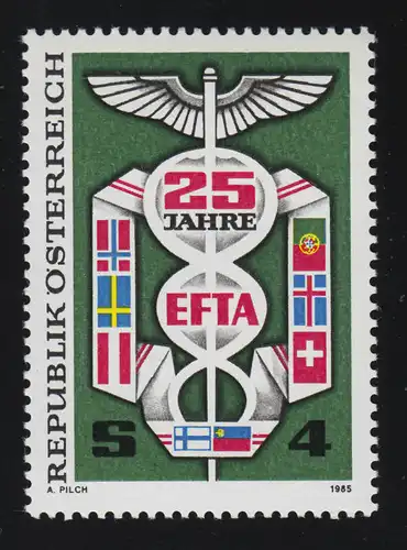 1813 25 Jahre europäische Freihandelszone, Merkurstab Flaggen EFTA Staaten 4 S**