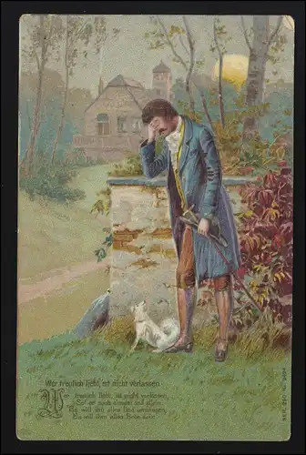 AK Ser 290 No 2424 "Qui aime fidèlement" homme triste + chien MUNICH 3.07.1905