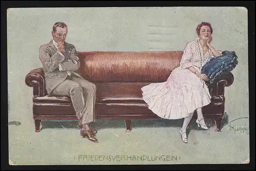 AK PG W.I. 137 "Friedensverhandlungen" sign. Muszinsk Paar auf Couch, FFM 5.9.18