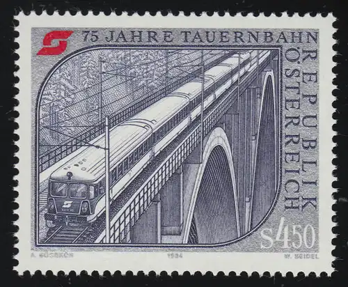 1786 100 J. Arlbergbahn /75 J. Tauernbahn, Bahn auf Falkensteinbrücke 4.50 S **
