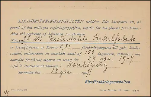 Dienstpostkarte DP 6II Tjänstebrevkort 5 Öre ohne Druckdatum STOCKHOLM 18.1.1907