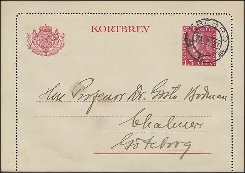 Kartenbrief K 27IW KORTBREV 15 Öre, ÖREBRO 20.2.1927 nach Göteborg