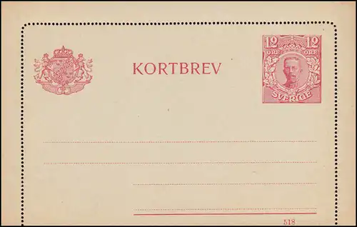 Schweden Kartenbrief K 14 KORTBREV König Gustav 12 Öre Druckdatum 518, **