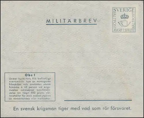 Militärpost MILITÄRBREV FÄLTPOST, rückseitig SVARSMÄRKE mittig, **