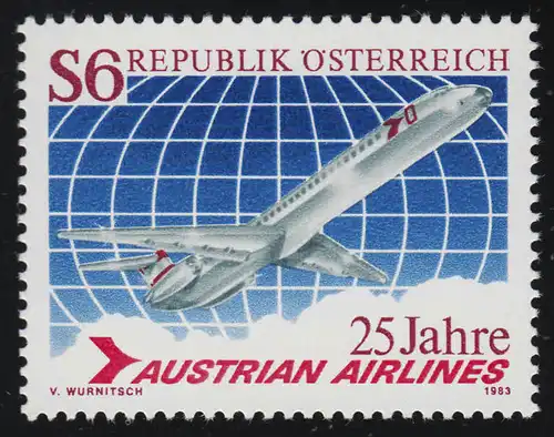 1734 25 Jahre Austrian Airlines, Düsenflugzug DC-9 /Weltkugel, 6 S postfrisch **