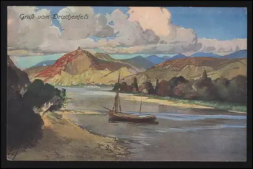 AK Gruß vom Drachenfels Boot Rhein Gemälde sign., DRACHENFELS 15.8.17