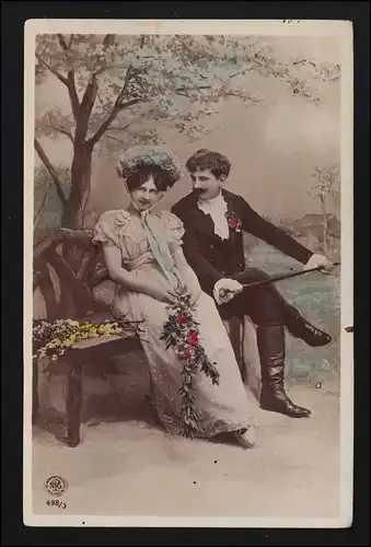 Foto AK Oranotypie NPG Liebespaar auf Bank mit Blumenschmuck WIEN 24.03.1906