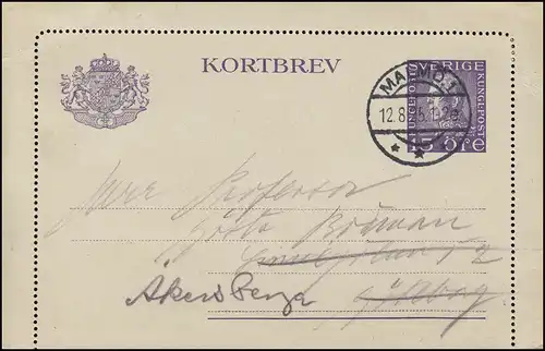 Cartes de crédit K 23 KORTBREV 15 Öre, MALMÖ 12.8.25 vers Göteborg, carte avec bord