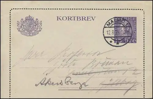 Cartes de crédit K 23 KORTBREV 15 Öre, MALMÖ 12.8.25 vers Göteborg, carte avec bord