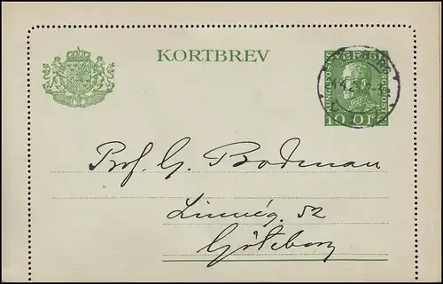 Kartenbrief K 22 KORTBREV 10 Öre, Ortspostkarte GÖTEBORG 24.4.26, Karte mit Rand