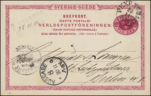 Postkarte P 20 SVERIGE-SUEDE 10 Öre, Bahnpost PKXP No.31 28.11.1894 nach Berlin