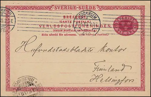 Carte postale P 20 SVERIGE-SUEDE 10 Öre, STOCKHOLM 17.6.1905 vers HELSINKI 18.6.05