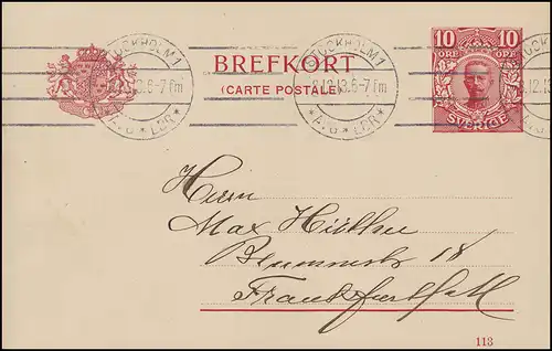 Carte postale P 30 BREFFORT 10 Öre Date d'impression 113, STOCKHOLM 8.12.13 n. Francfort/M.